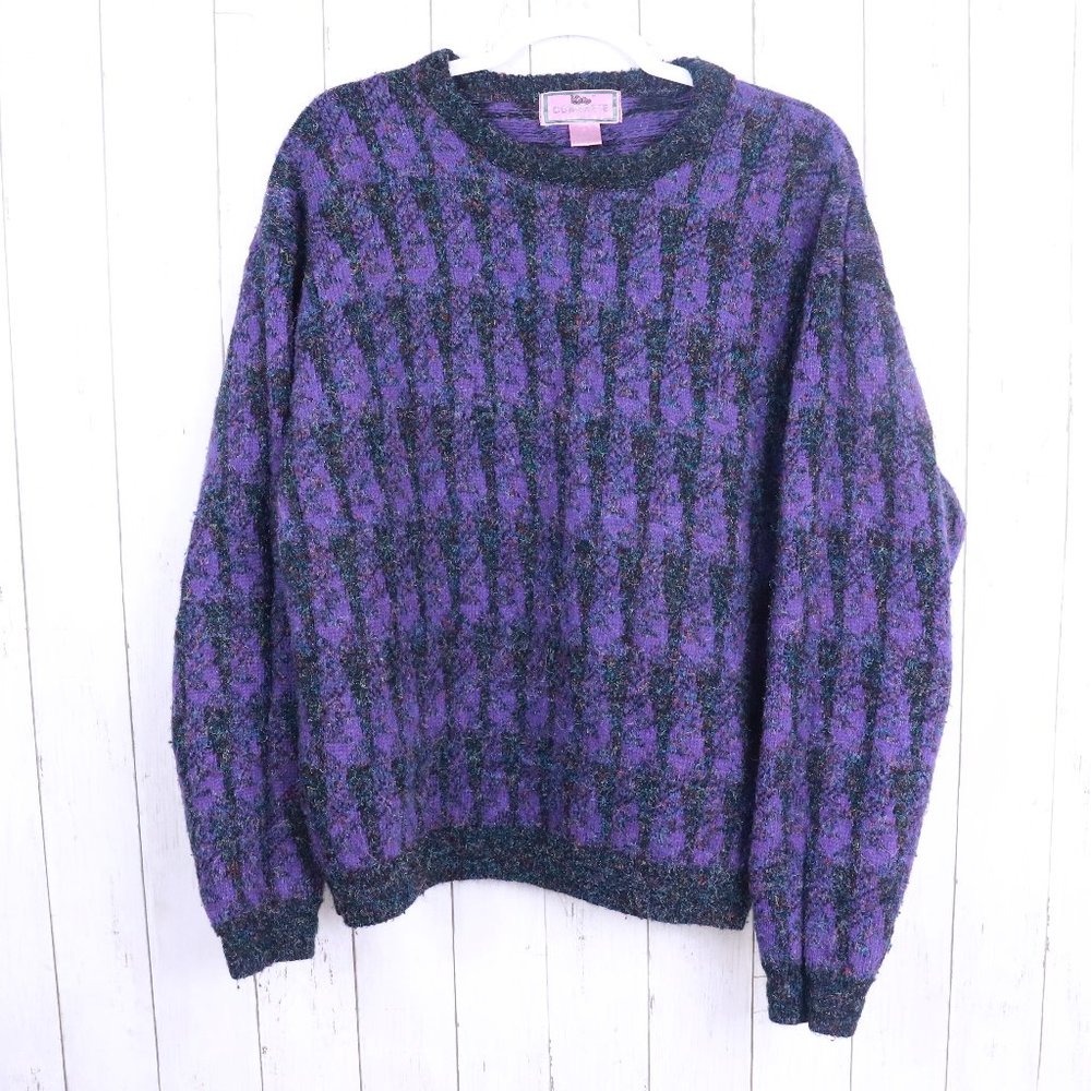 Vintage 90s Concrete Mix Cosby Geo Purple Colorful Acrylic Sweater | Size XL